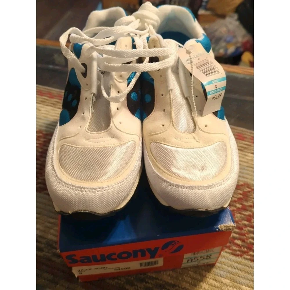 Vintage SAUCONY Jazz 4000‎ Shoes White Blue Sz 9 w/ OG Box Made In USA Deadstock